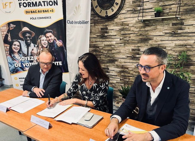 Photo d’illustration, Signature de la convention de partenariat (Laurent Guerrier, Président du Club Immobilier, Loëtitia Novello Gérante IFR et Vincent Le Baliner, Président Honoraire du Club Immobilier)