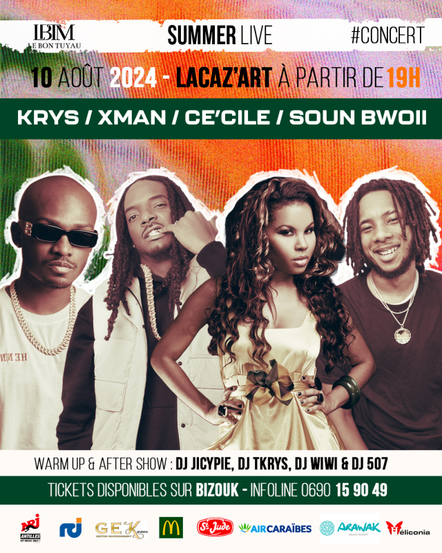 Guadeloupe : Krys, X-man, Ce'Cile & Soun Bwoii, en concert, le 10 août à Lacaz'Art