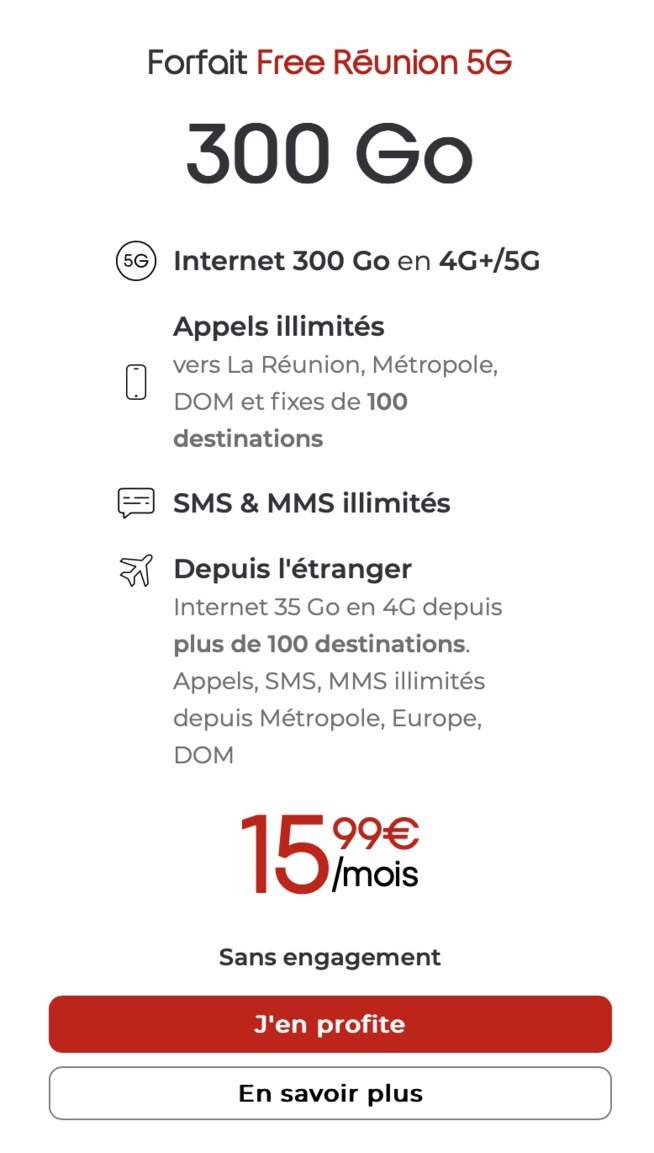 Free Réunion enrichit son forfait 5G avec + de data mobile à un prix ultra compétitif avec 300 Go d’Internet pour 15,99€/mois, sans engagement !