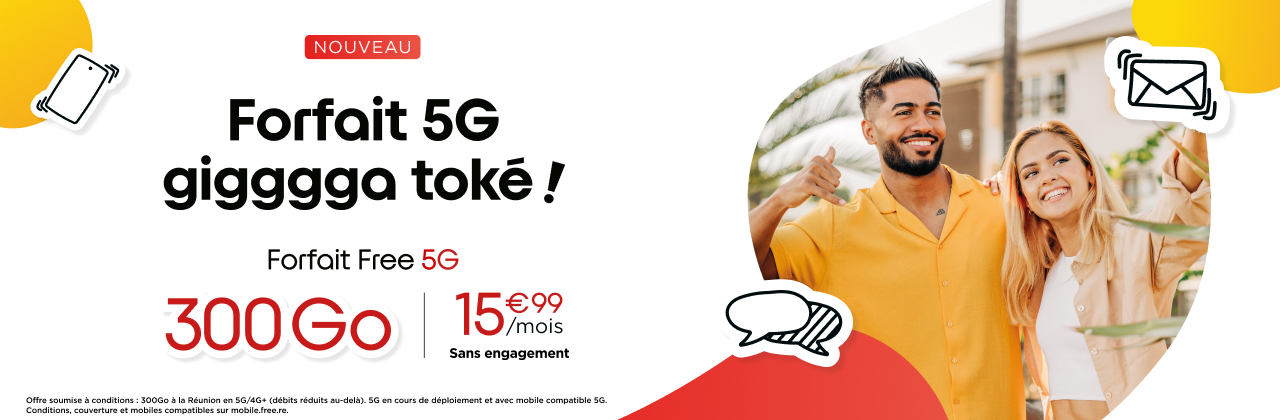 Free Réunion enrichit son forfait 5G avec + de data mobile à un prix ultra compétitif avec 300 Go d’Internet pour 15,99€/mois, sans engagement !